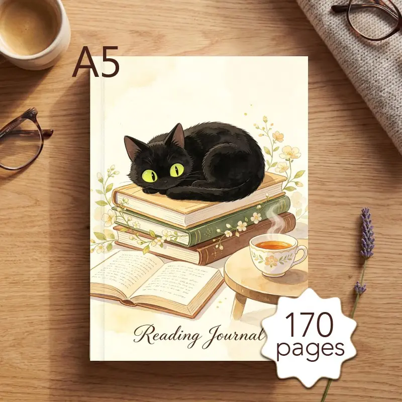 A5 Reading Journal,Cute Black Cat Illustrated, 170 Pages Daily Reading Planner for Book Reading Notes,Reading Tracker with  Log