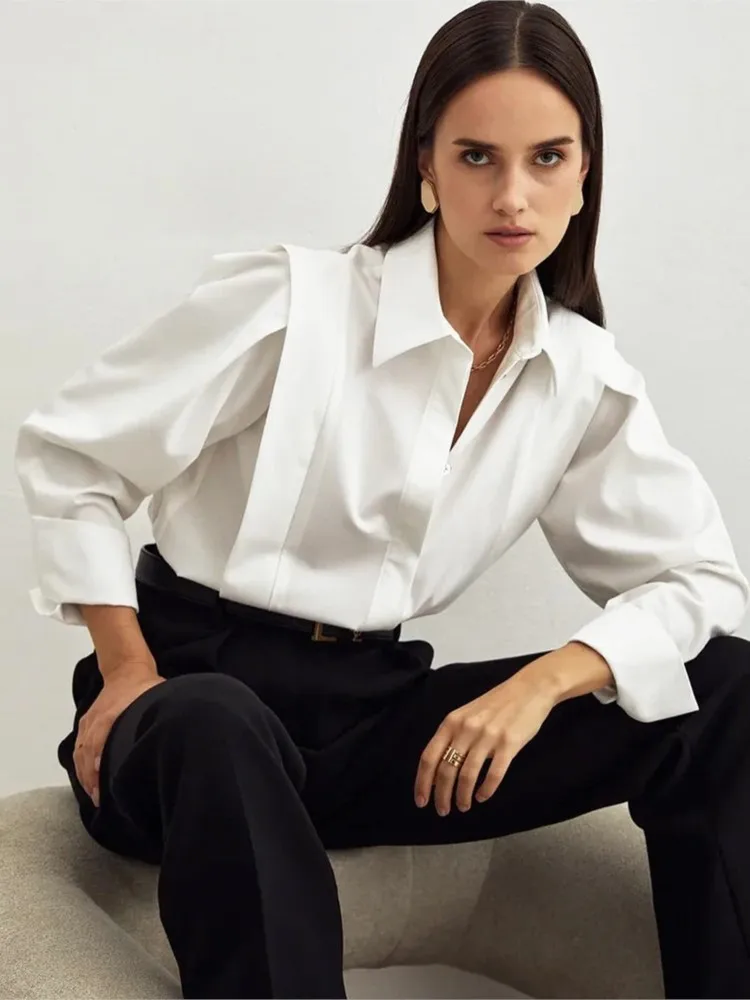 

New Autumn Elegant Women Cotton Patchwork Long Sleeve Lapel Shirt, Vintage Office Lady Dressy Blouse Tops Fashion Women Clothing