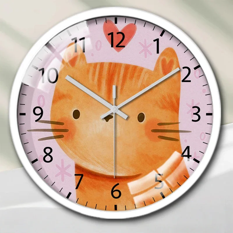 Little Cat Avatar Cartoon Round Silent Hanging Wall Clock, Suitable For Living Room, School, Study Room,Bedroom,Children's Gifts