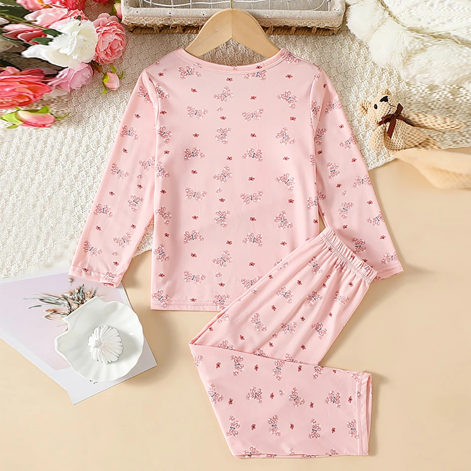 2-teiliges Four Seasons Kinder-Set mit Vollprint-Motiv für Mädchen, süße langärmelige Hose, Schlafanzug, bequemes Rundhals-T-Shirt – Detail 7