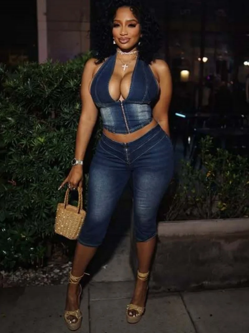 

Cowboy 2 Piece Sets Women Outfit Summer Clothes Women Halter Denim Vest Top Calf Length Pant Sets Y2K Jean Two Piece Shorts Sets