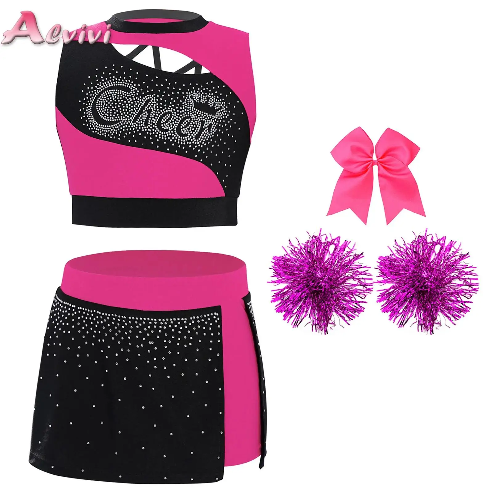 

Kids Girls Cheerleading Dance Outfit Sleeveless Rhinestones Crop Top with Side Slit Skirt 1Pc Headwear and 2Pcs Flower Balls