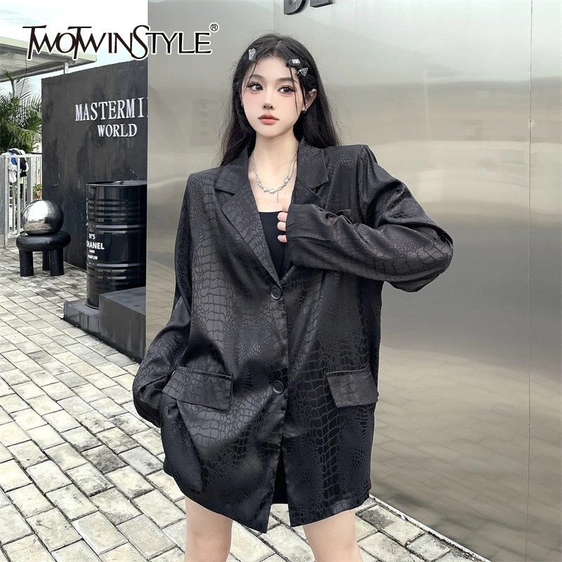 

TWOTWINSTYLE черная повседневная стильная куртка для женщин с лацканами и длинными рукавами, свободные универсальные модные пальто высокого класса, женские летние новые стильные пальто