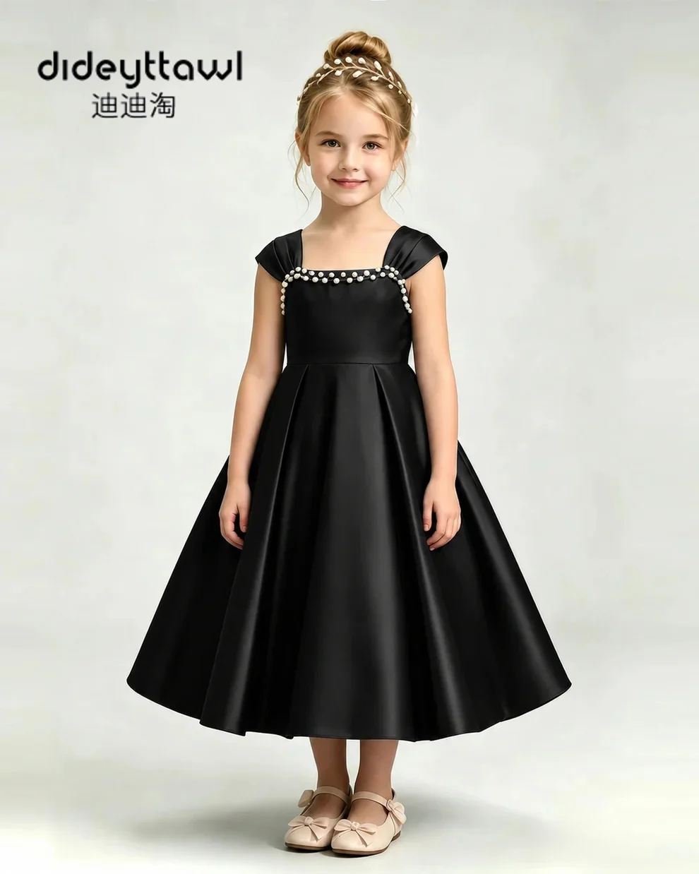 Dideyttawl Satin Long Party Dress Square Neck Pearl Beading Kids Formal Evening Gown Multi Color Flower Girl Dress For Wedding