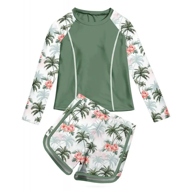 2pcs Swimwear Long Sleeve Sun Protection Printed Bathing Suit Quick Drying Children Boy Girl Swimsuit Swimming Set 8-14 Years