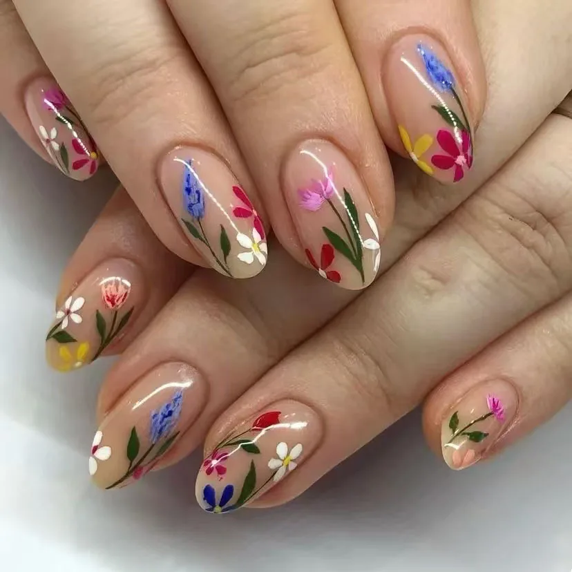 24Pcs Simple Almond Nails Tips Fresh Colorful Flower Design False Nails Wearable Oval Fake Nail Short Full Cover Press on Nails