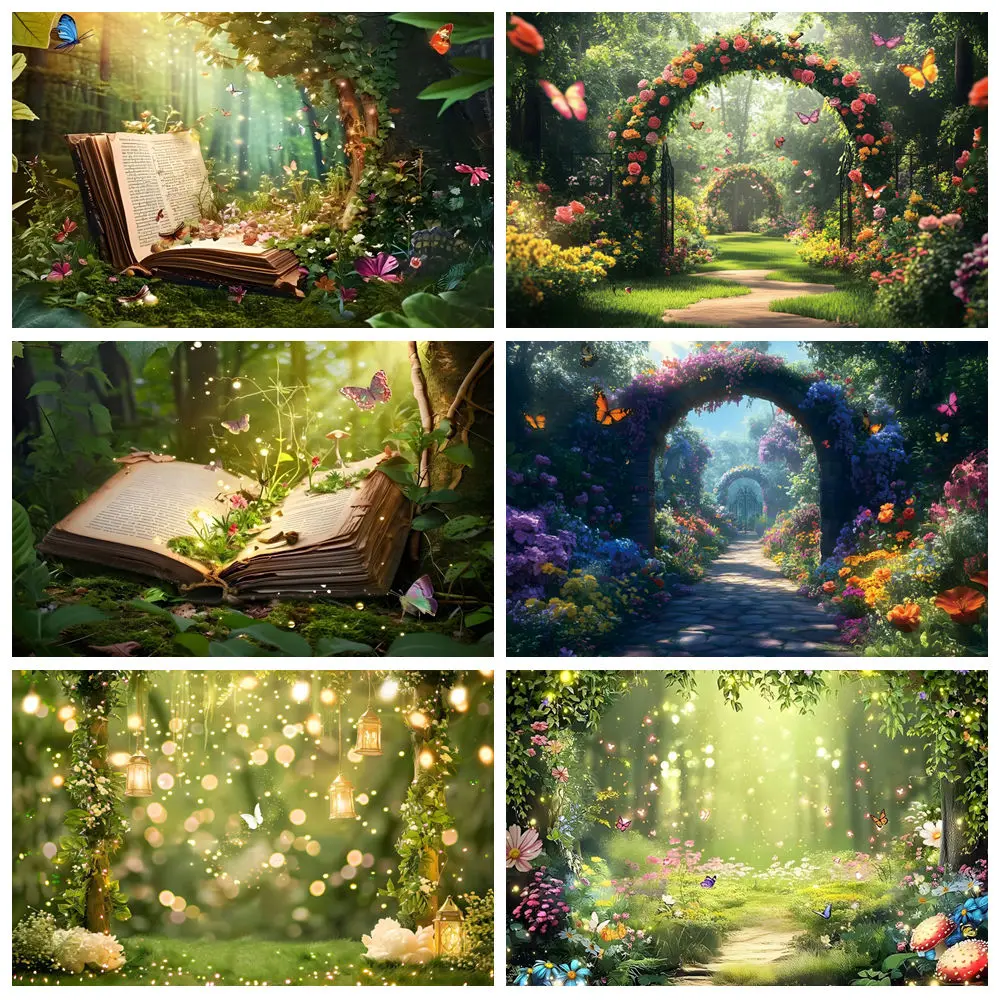 livro-de-contos-de-fadas-floresta-encantada-pano-de-fundo-glitter-borboleta-flores-plantas-princesa-aniversario-fotografia-fundo-estudio-foto