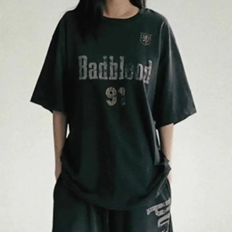 Letter Print Fuzzy Font Round-neck T-shirt Women Summer Fashion Retro Loose Street Trend Casual Multi Style Comfortable T-shirt