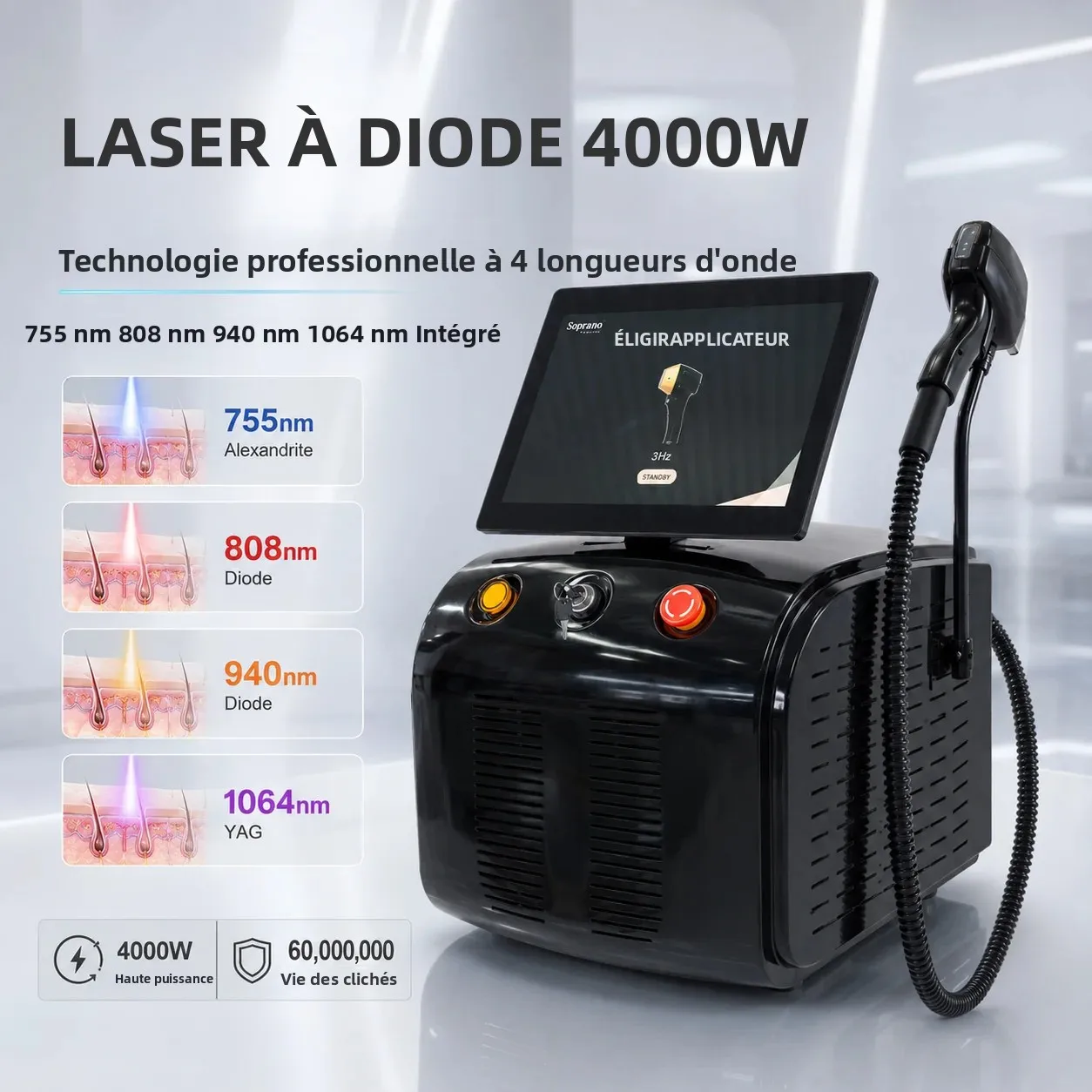 Appareil d'épilation au laser à diode 808 nm, machine professionnelle de suppression permanente des poils avec refroidissement par glace, équipement de beauté laser 755 nm 808 nm 940 nm 1064 nm, système d'épilation indolore pour salon, spa, clinique, traitement du corps entier, approuvé CE