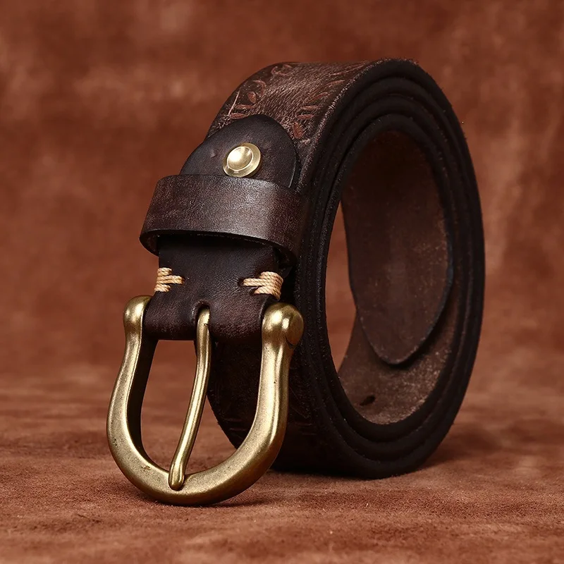 Men's Genuine Leather Belt, Thickened Extra Thick Vintage Embossed Full Grain Leather Casual Cowboy Strap with Horseshoe Buckle