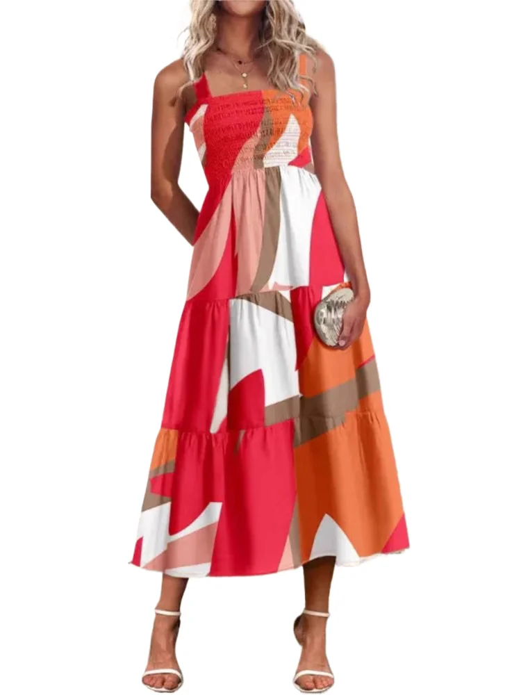 

For Women Boho Print Spaghetti Strap Dress New Summer Fashion Elegant Casual Office Beach Party Dresses Robe Femme 2025