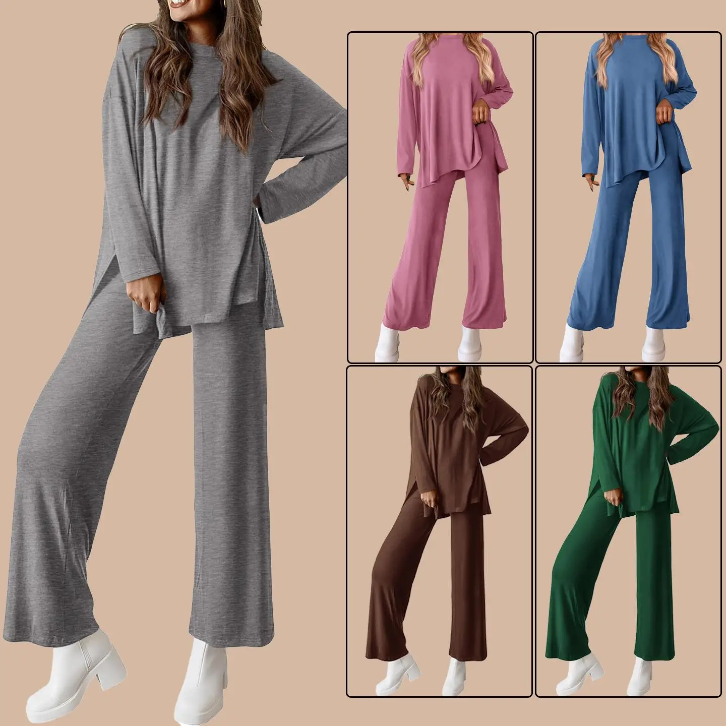 

Sweet Knitted Casual All-Weather Women's Faion Set Pure Color Leisure Commute Sle Mid-Low Waist PVC Fabric Pants