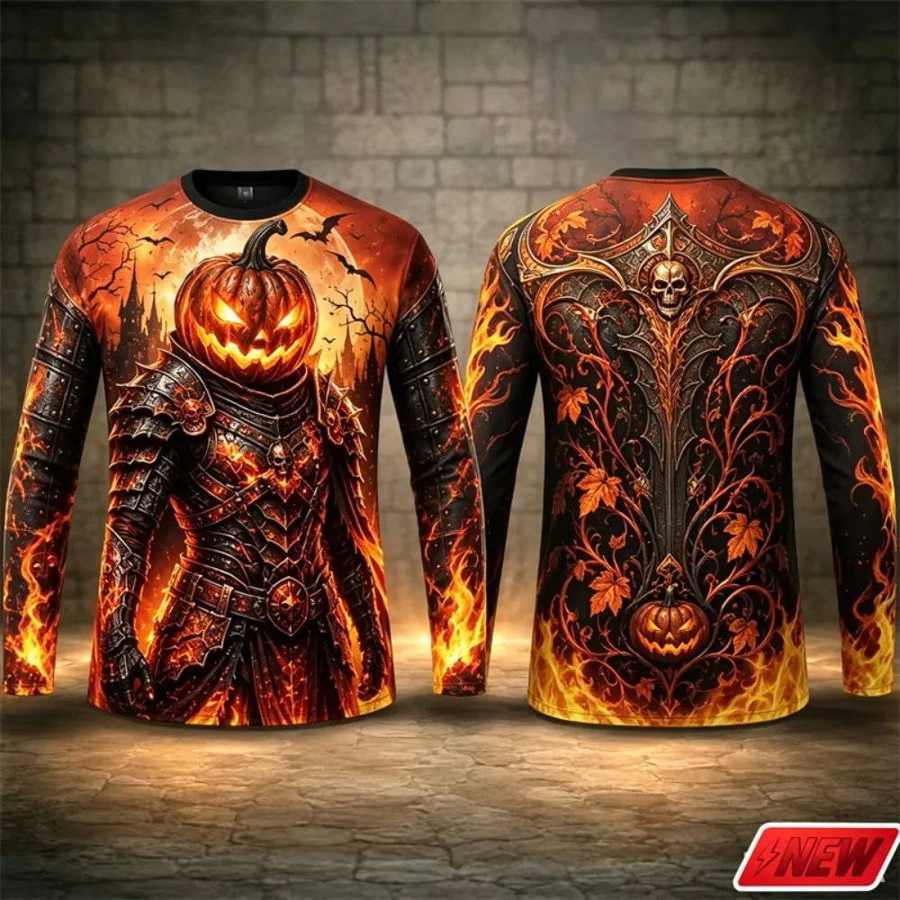 Halloween Pumpkin Knight 3D Print Long Sleeve T-Shirt Warrior Fire Graphic Tee Novelty Party Holiday Casual Breath Quick-dry Top