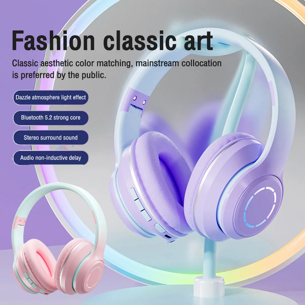 

2024 Gradient Color 5.2 Bluetooth Headphone Wireless Music Headset LED Light With Mic Gamer Earphone Kids HIFi Stereo Earphone