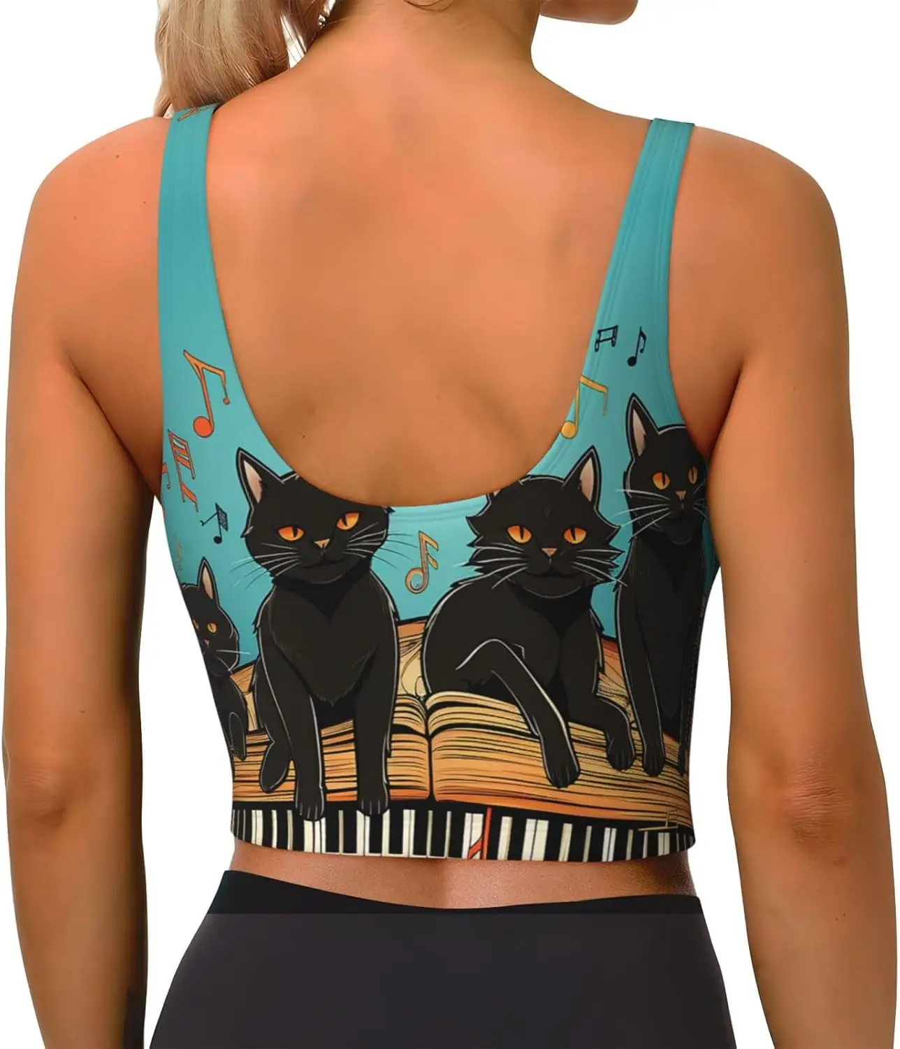 สปอร์ตบราสําหรับผู้หญิง, U Back เสื้อกล้ามสตรีแบบถอดได้แมวนอนบนเปียโนตลกโยคะพิมพ์ออกกําลังกาย Bras