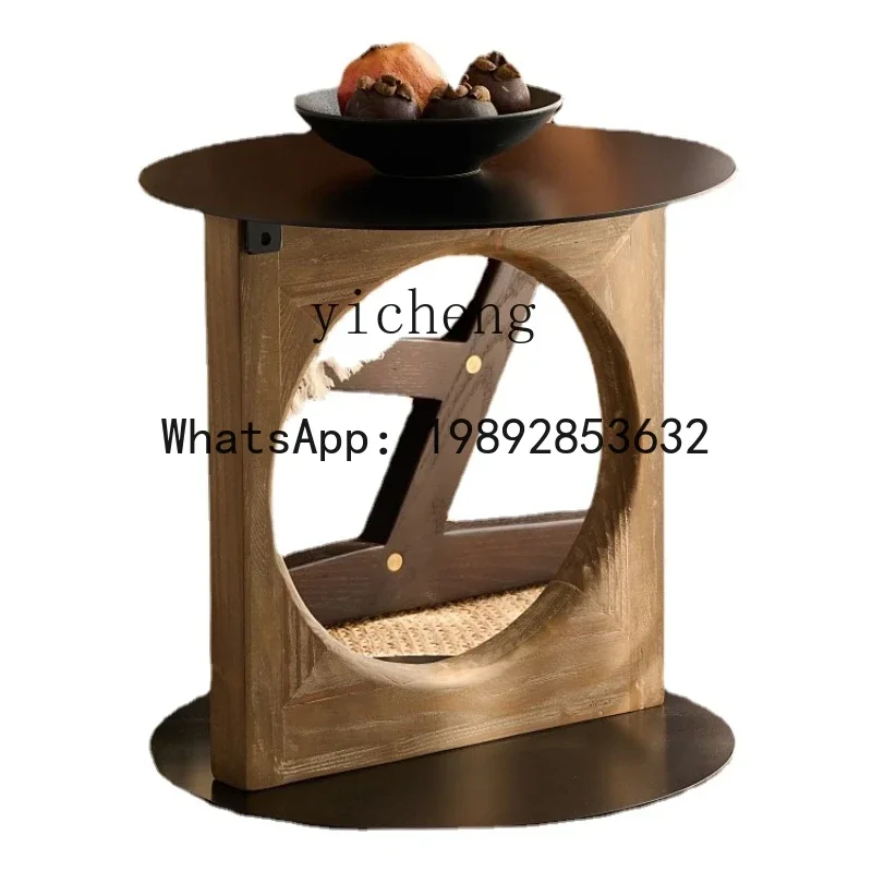 LYY round Side Table Modern Solid Wood Metal Steel Plate Retro Coffee Table round Coffee Table