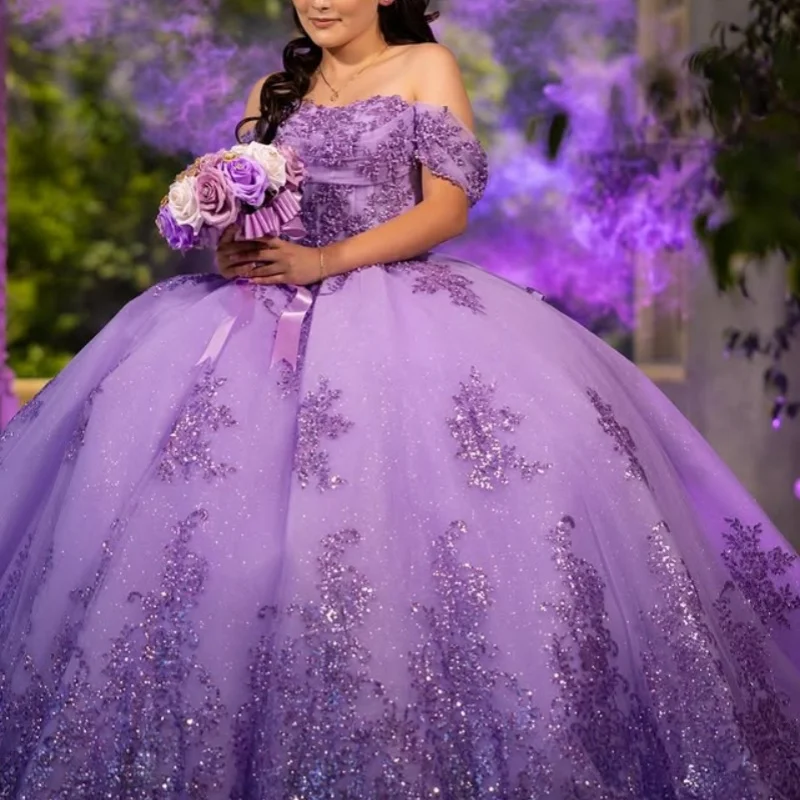 

Customized Shiny Purple Quinceanera Dresses Off the Shoulder sequin applique Lace Long tail Bow Vestido 15 Quinceanera