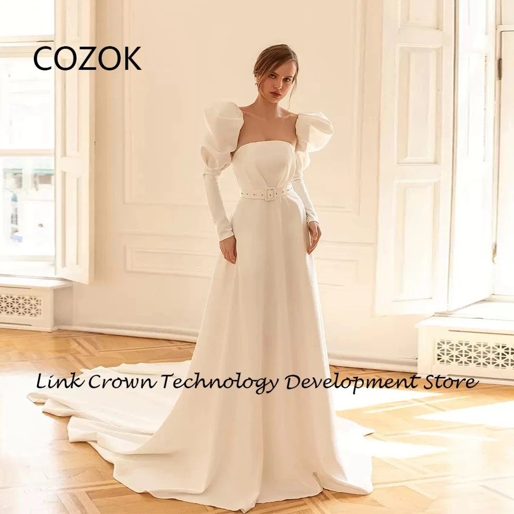 

COZOK Strapless Wedding Dresses for Women 2024 Full Sleeve Bridal Gowns with Belt Sweep Train Vestidos De Novia Floor Length