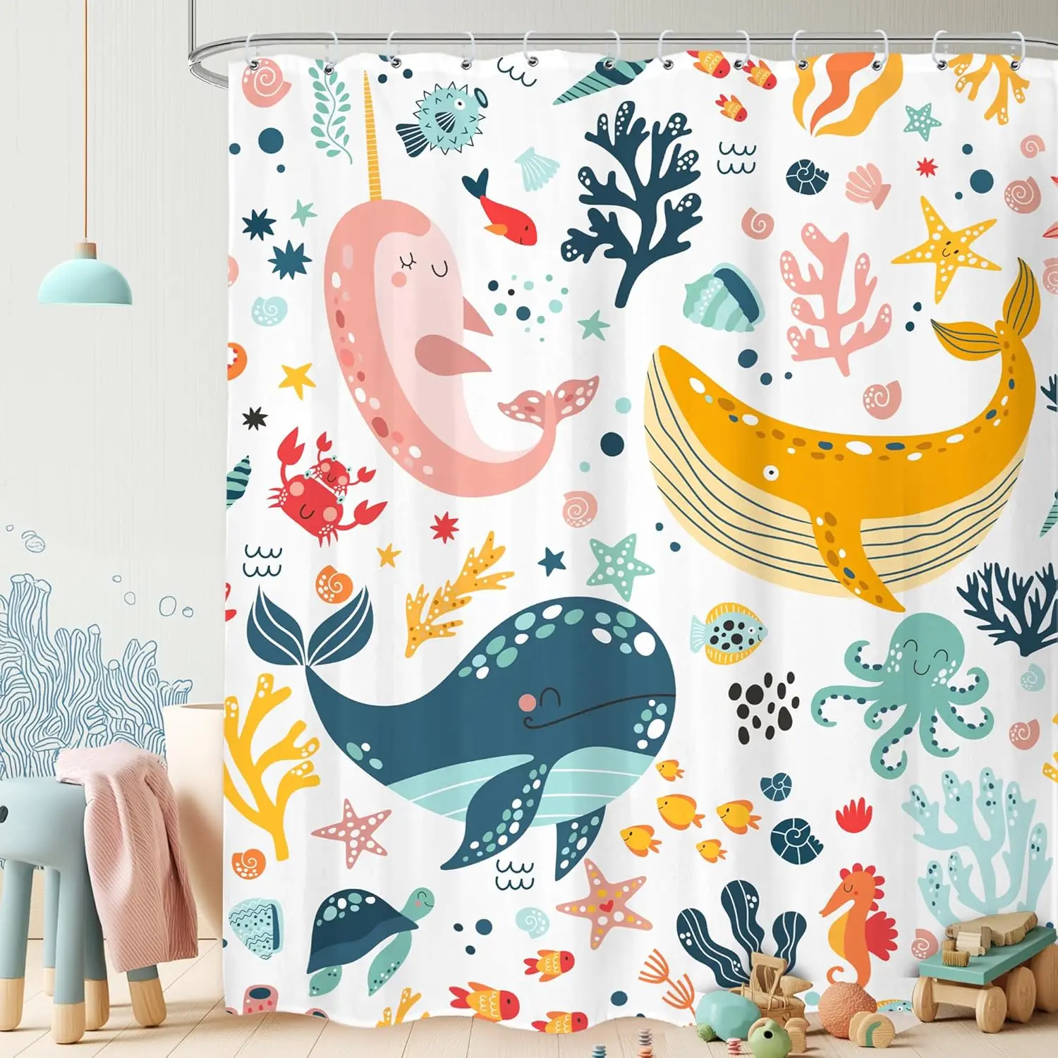 

Детский Кит, удлиненная занавеска для душа, набор для ванной комнаты, забавная милая мультяшная рыба, океан, подводная морская морская звезда, коралловая морская звезда