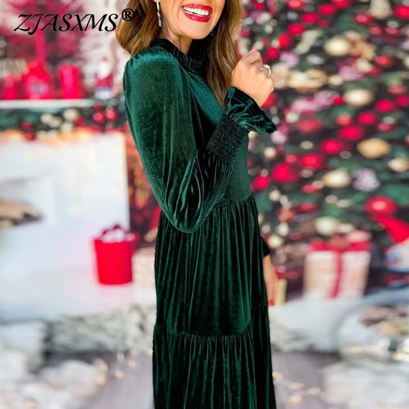 

Winter Solid Soft Velvet Party Dresses Women Sexy O Neck Loose Hem Long Dress Autumn Lantern Sleeve Femme Pullover Dress Vestido