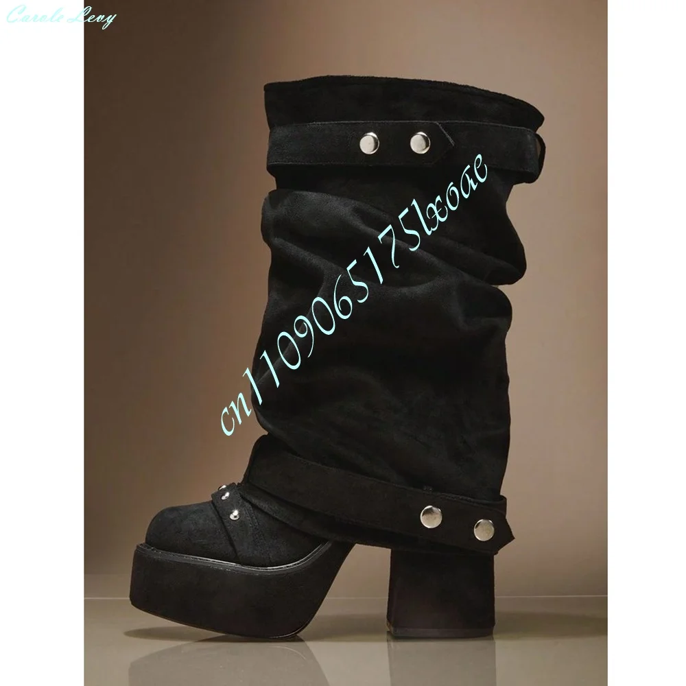 Y2K Punk Style Women Mid Calf Boots Black Faux Suede Slouch Shaft Double Rivet Buckle Straps Chunky Platform Block Heel Street