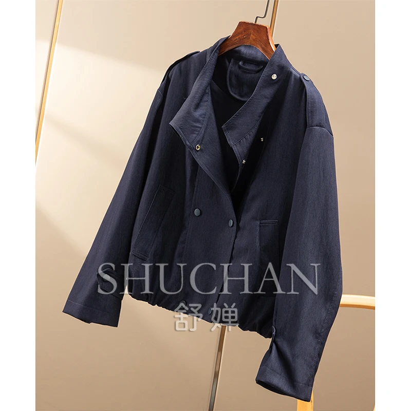 High-end Twilight Blue Early Autumn High-end Loose Stand-up Collar Jacket Denim Short Jacket Women's 98A3