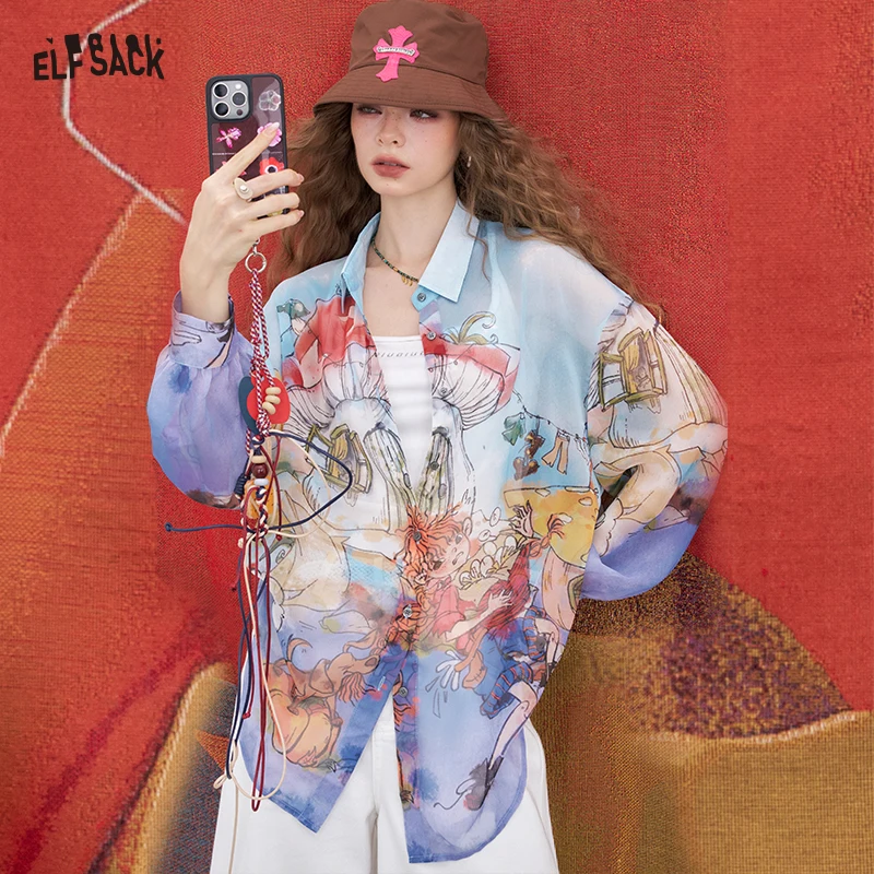 

ELFSACK 2025 Summer New Arrivals Casual cool Original full print light shirt chiffon top