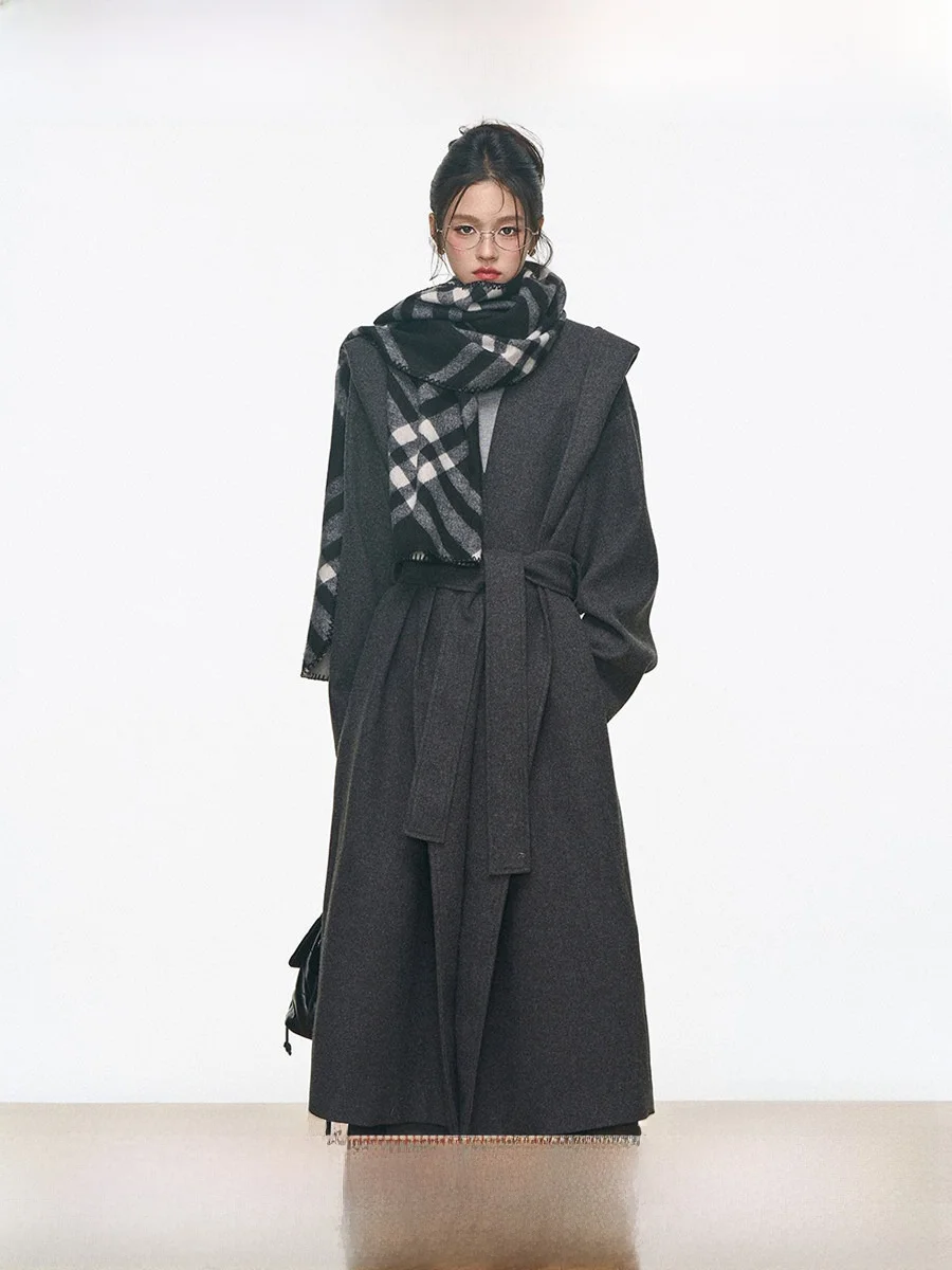 

Westayone Long Coat Jaet with Belt Women's Woolen Pants Thiened Autumn Winter Outerwear Korean Sle Loose Fit Coat