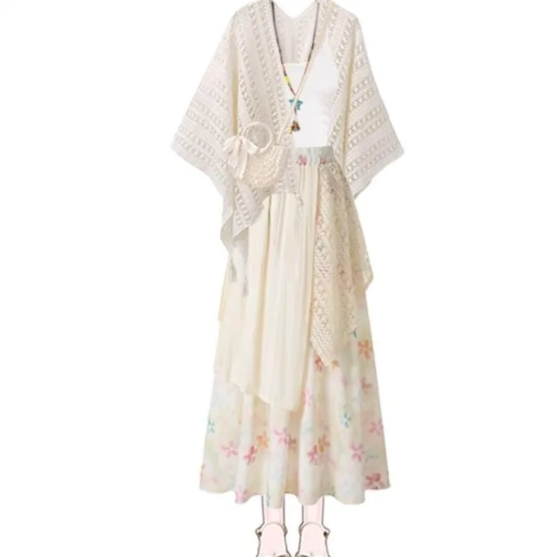 Women's Boho Graceful Knit Hollow Out Shawl Whit Sling Chiffion Print Skirts 3 Piece Set Lady Summer Top Asymmetrical Skirt Suit