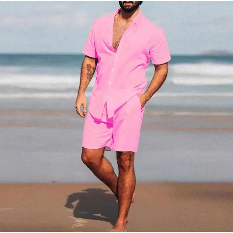 

Men's Summer Beach Wear Cotton Blend irt And orts Two-Piece Set Faionable Youth Clothing ort Sve Lightweight