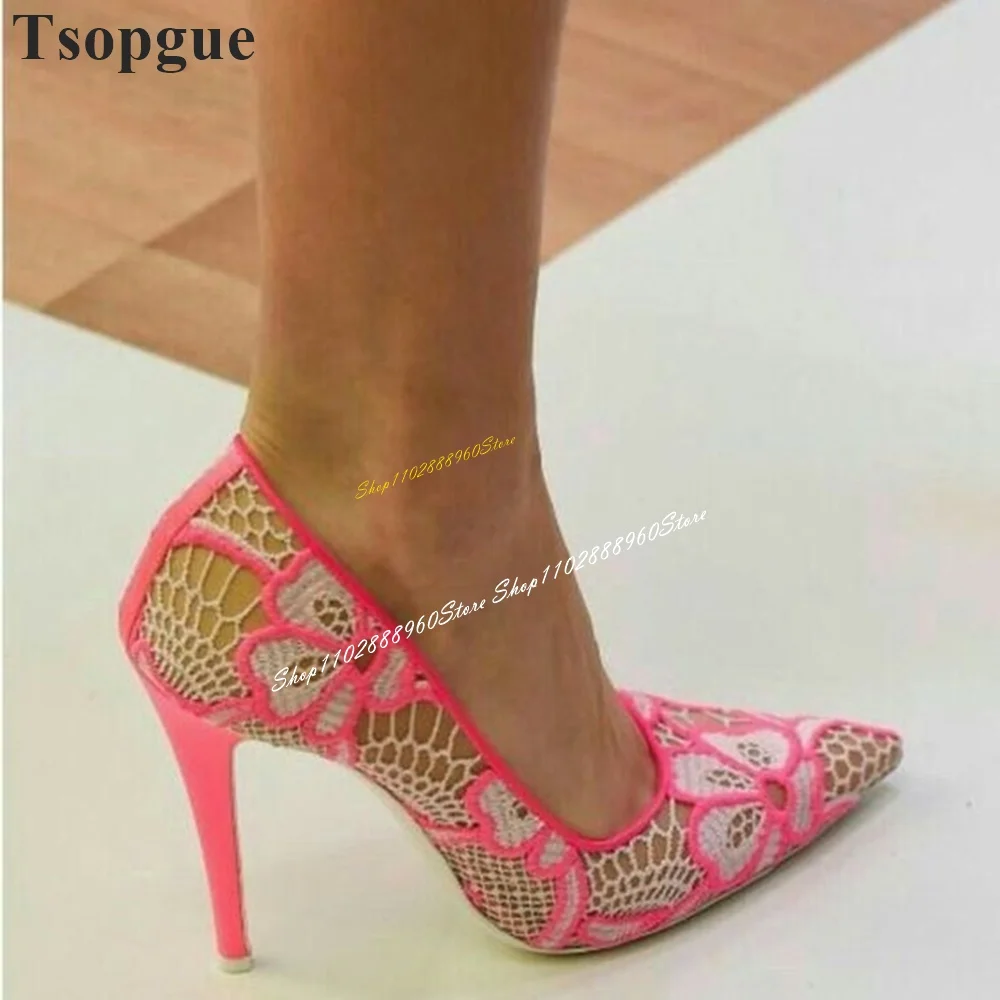 Trending Pink Lace Shallow Pumps Thin High Heel Shoes For Women Slip On Pointed Toe 2024 Fashionable Zapatos Para Mujere