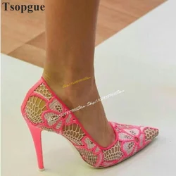 Trending Pink Lace Shallow Pumps Thin High Heel Shoes For Women Slip On Pointed Toe 2024 Fashionable Zapatos Para Mujere