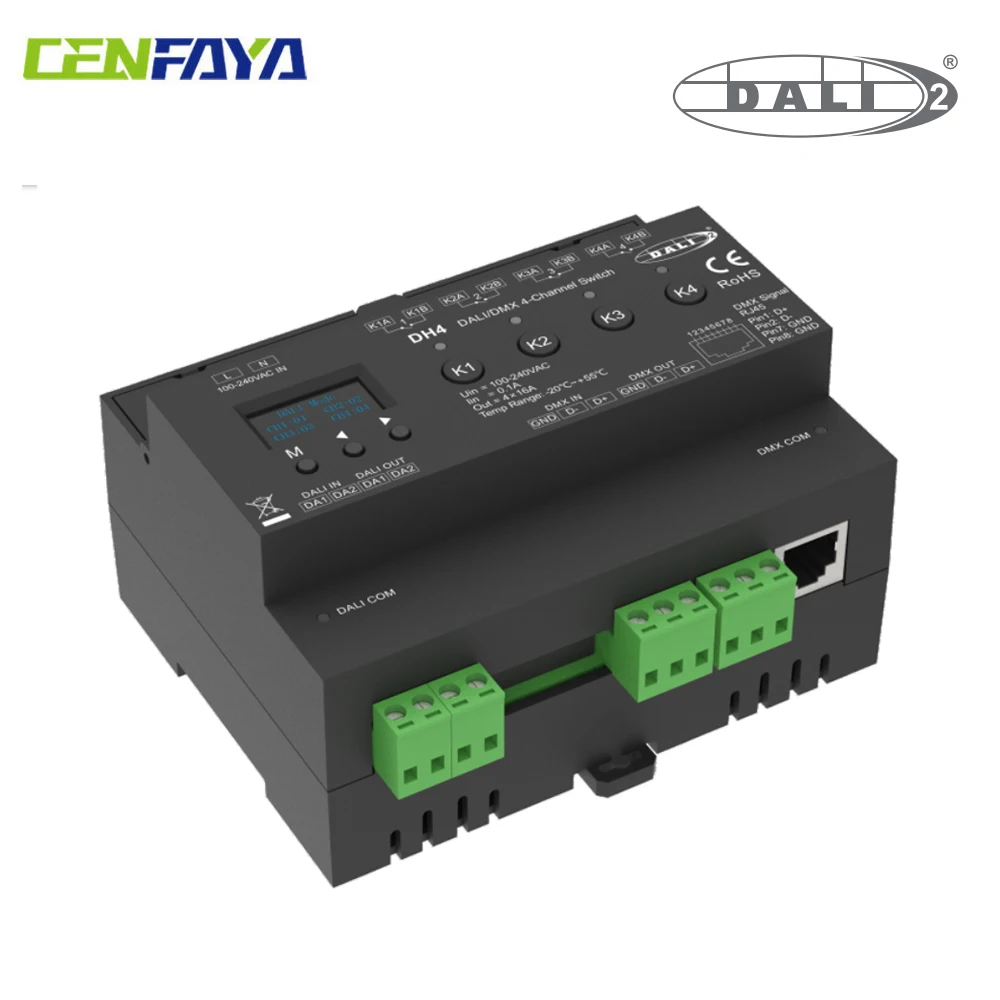 CENFAYA DALI DMX 4-Channel Switch 100-240VAC 4CH*16A AC Switch DH4 DT7 DALI-2 OLED Sisplay Screen DMX512 standard protocols 220V