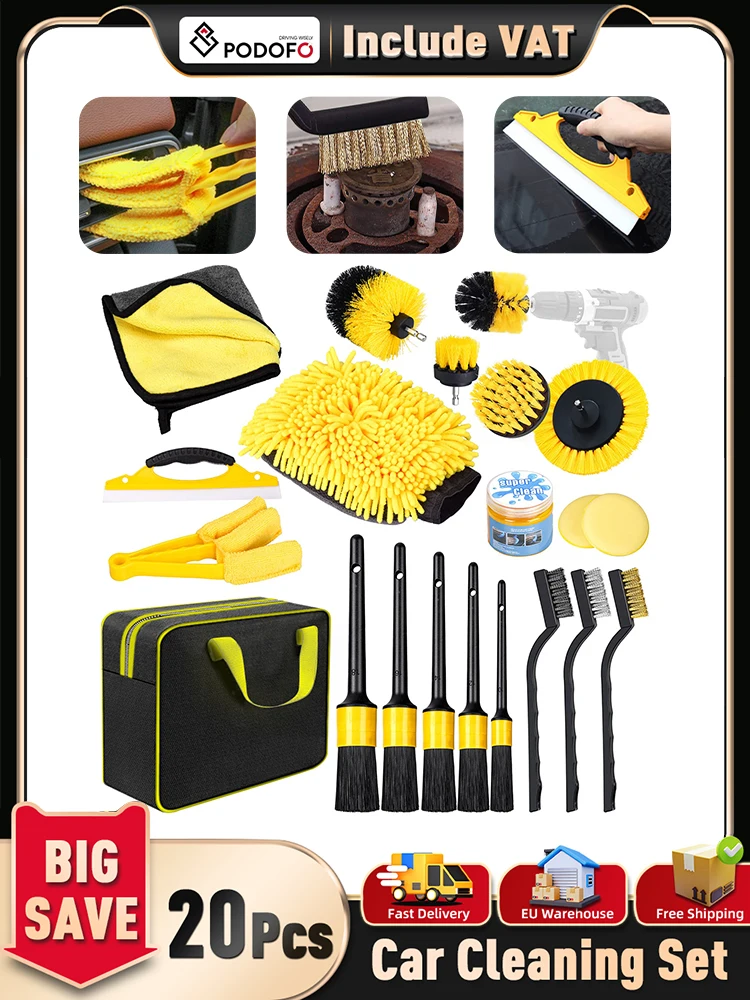 Podofo 20 pièces de forets électriques avec brosse de nettoyage, brosse à glaçage, accessoire de nettoyage de voiture, kit d'accessoires complet