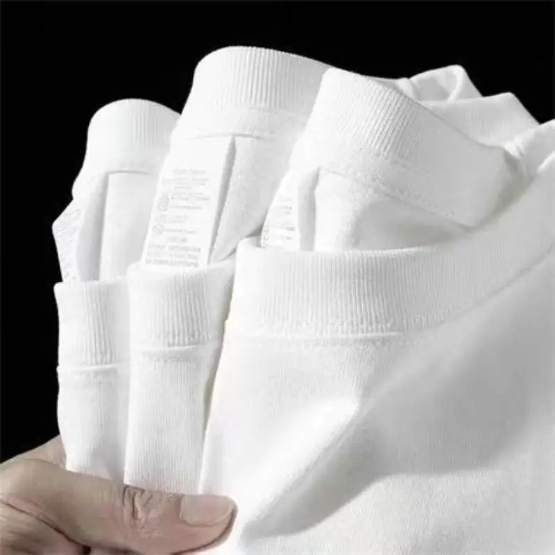 American Heavyweight Cotton Short Sleeve-Shirt Men, Summer Loose Basic Style, Black And White Half Sleeve Round Neck