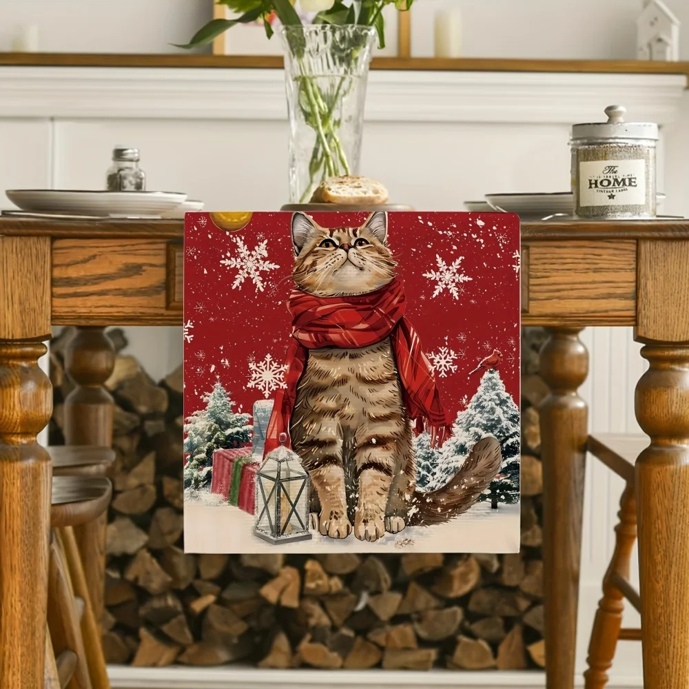 Christmas Cat Table Runner - 1pc Rectangle Table Flag with Snowflake, Holly, and Xmas Balls Pattern for Kitchen Dining Decor
