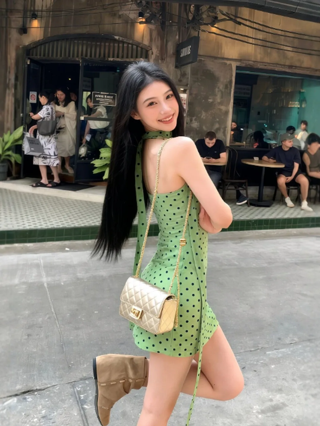 

Summer Beach Vacation Polka Dot Wrap Bodycon Short Skirt Dress Women's Gentle Style Shoulder Bared mid High Waist Polyester F...