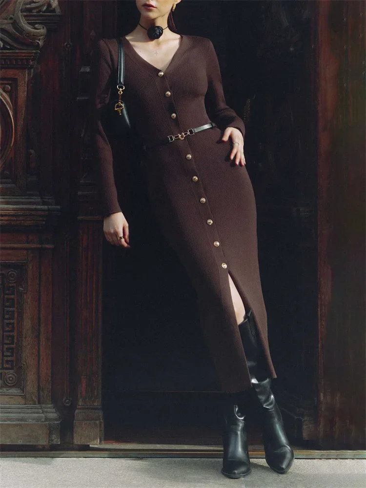 Autumn V-Neck Knit Long Dress For Women Ribbed Patchwork Cardigan Slim Elegant Party Dress Female Knitwear Maxi Dress 2024