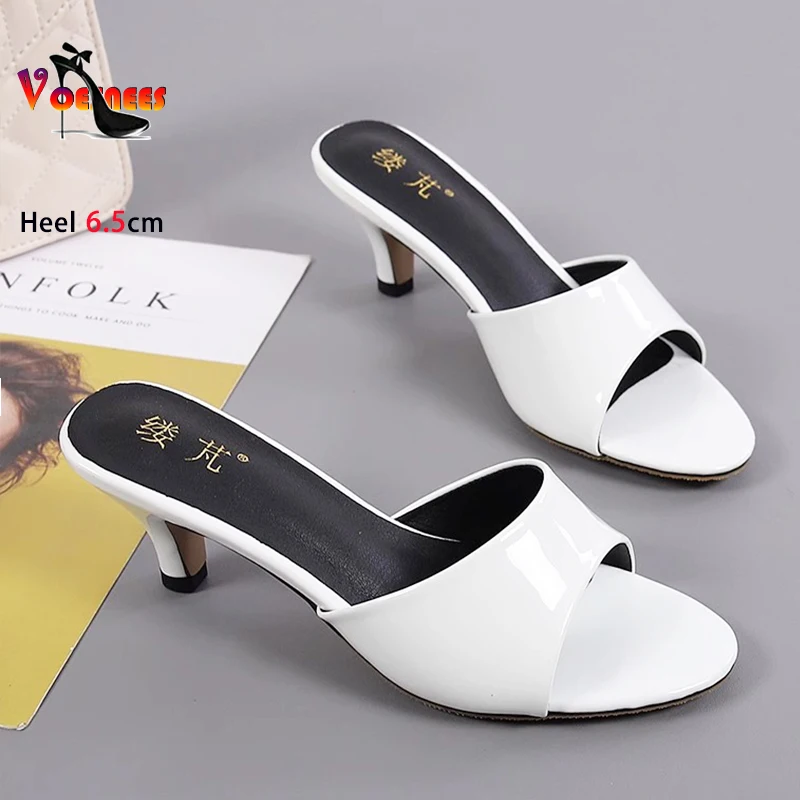 6.5CM Thin Heel Slippers For Woman Slides PU Leather White Summer Shoes Elegant Style Women Sandals Big Size Outdoors High Heels