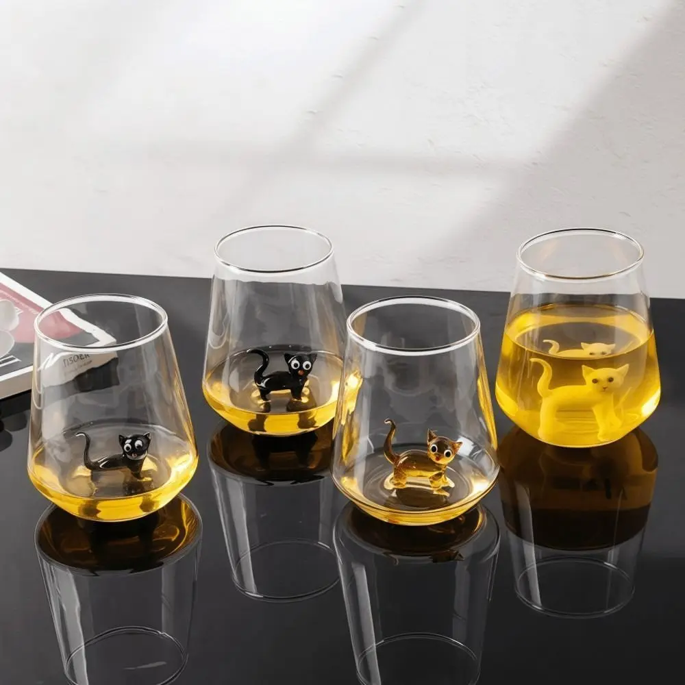 Cute 3D Cat Figurine Glass Cup Handmade Stemless Cat Wine Glass Unique Transparent Coffee Cup For Milk Beer