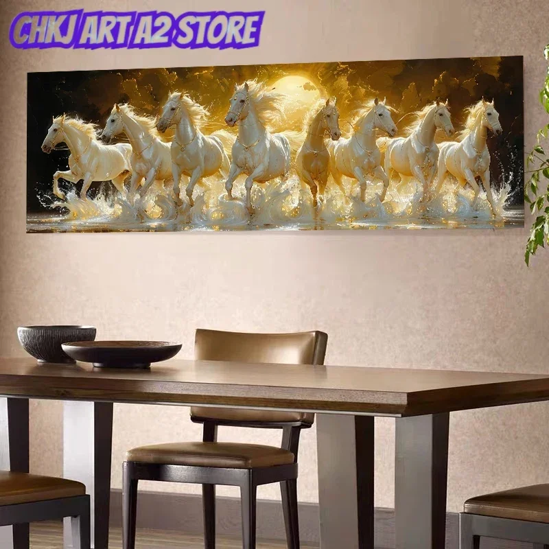 Abstract Golden White Horse Eight Horses Running Landscape in The Moonlight Canvas Painting Poster Print Home Wall Art Frameless