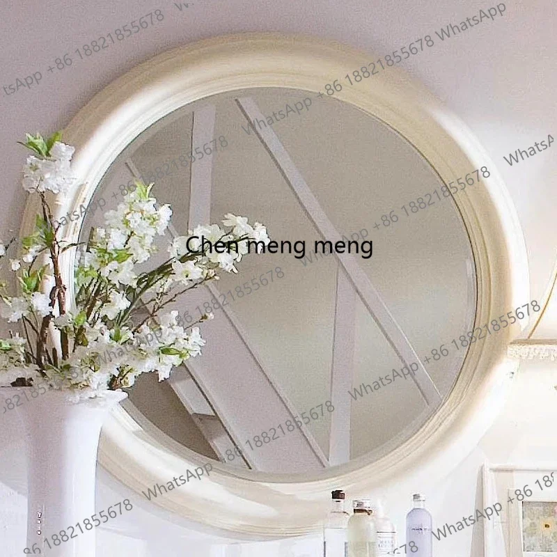 European American country classical antique white carved oval decorative mirror waterproof bathroom bathroom makeup mirror