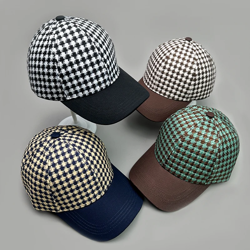 

Houndstooth Color Block Baseball Cap Cotton New Men Women Sunscreen Check Versatile Fashion Casual Ventilate Street Retro Casual