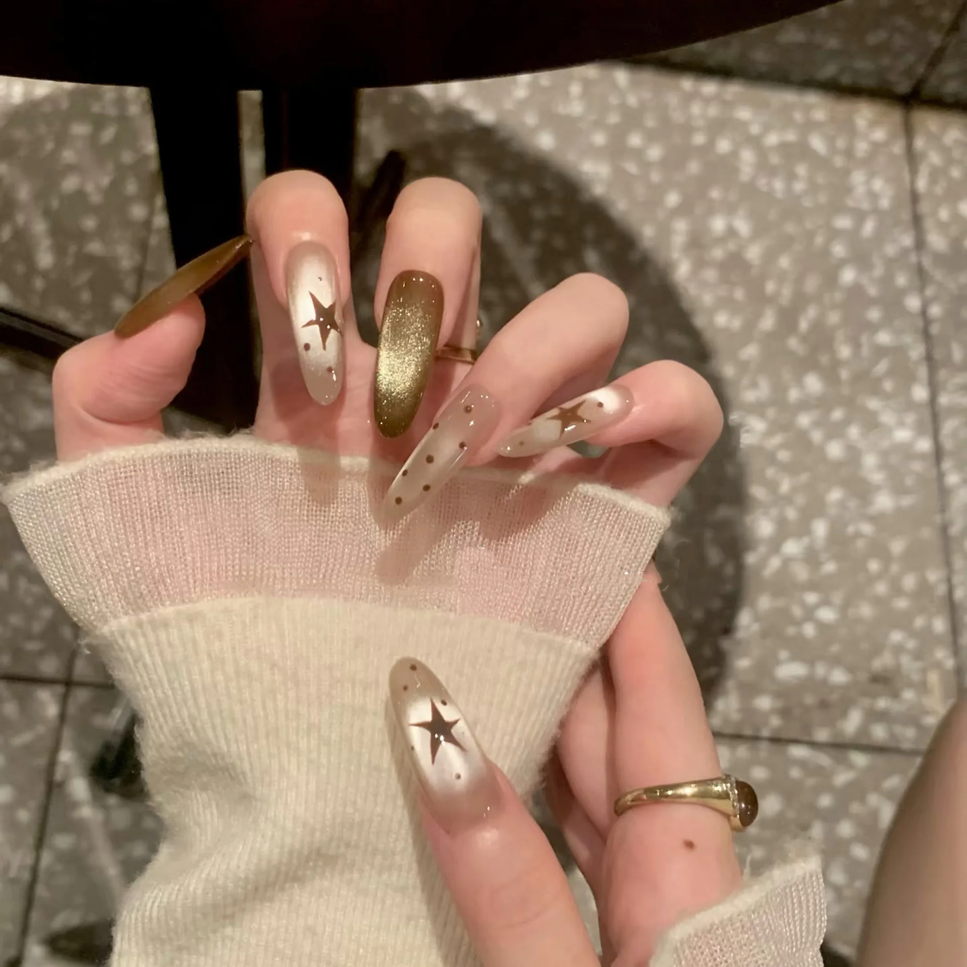 10pcs Handmade French Short Oval Press On Nails Shiny Retro Brown Cat Eye Polka Dot Star Design Fake Nail Wearable Nail Art Tips