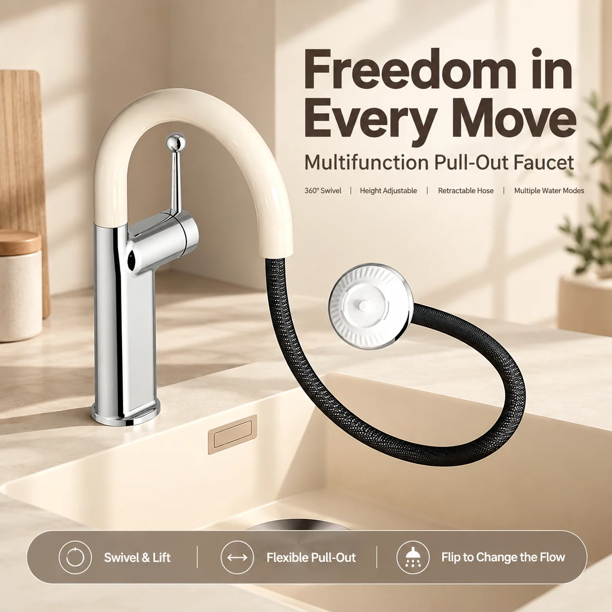 Pull Out Bathroom Faucet 2 Water Modes Height Adjustable 360° Swivel Hot Cold Basin Mixer Tap Single Handle Vanity Sink Faucet