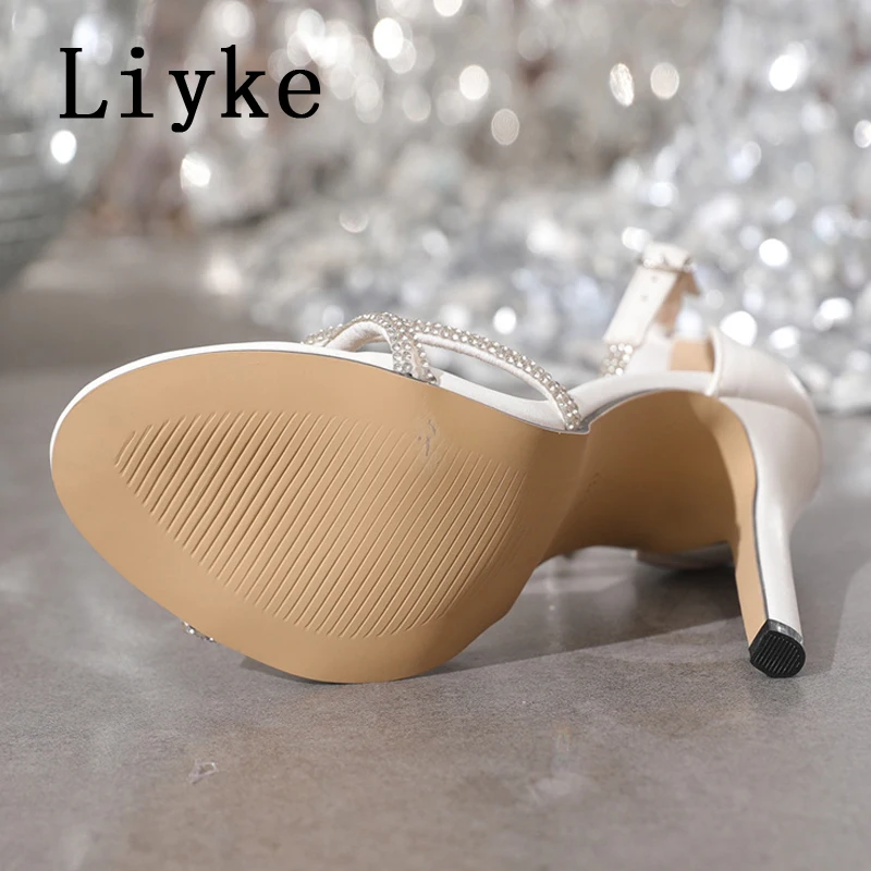 Liyke Thin High Heels Sandals For Women 2024 Summer Fashion Crystal Narrow Band Open Toe Buckle Strap Dress Shoes Zapatos Mujer