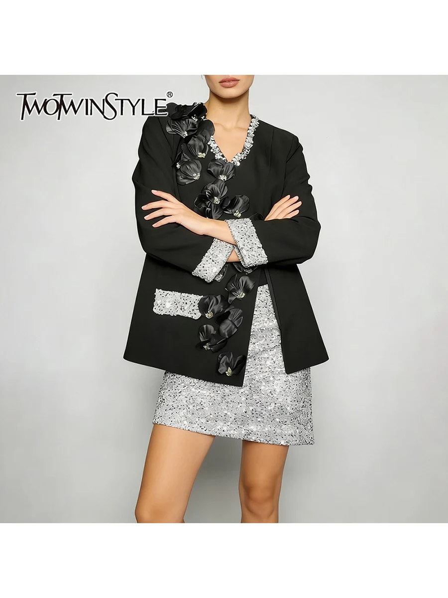 

TWOTWINSTYLE Elegant Spliced Sequins Two Piece Sets for Women V Neck Long Sleeves Patchwork 3D Flower Top Mini Skirt Set Female