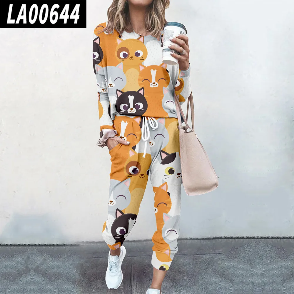 Women Cute Cat Print Pullover Two Piece Set Casual Long Sleeve Sweatshirts And Jogging Pants Suits Tracksuits