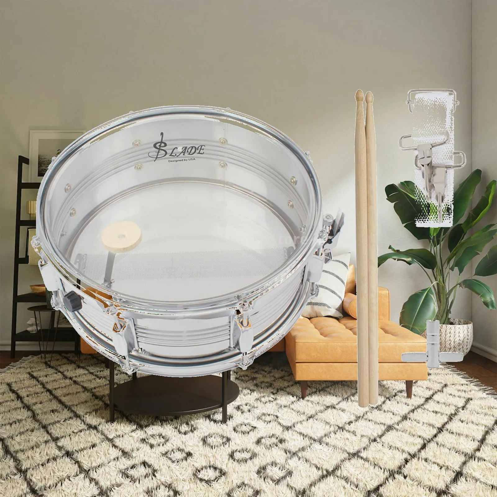 Snare Drum with Drumsticks Transparent Marching Snare Drum with Strap Percussion Instrument Rust-Resistant Lightweight