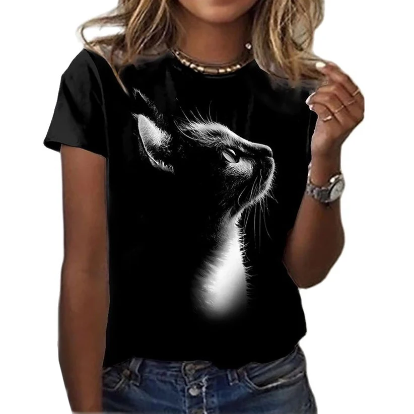 Camisetas de manga corta con estampado de gato Kawaii en 3D para mujer, Tops divertidos con cuello redondo informales, ropa holgada de gran tamaño